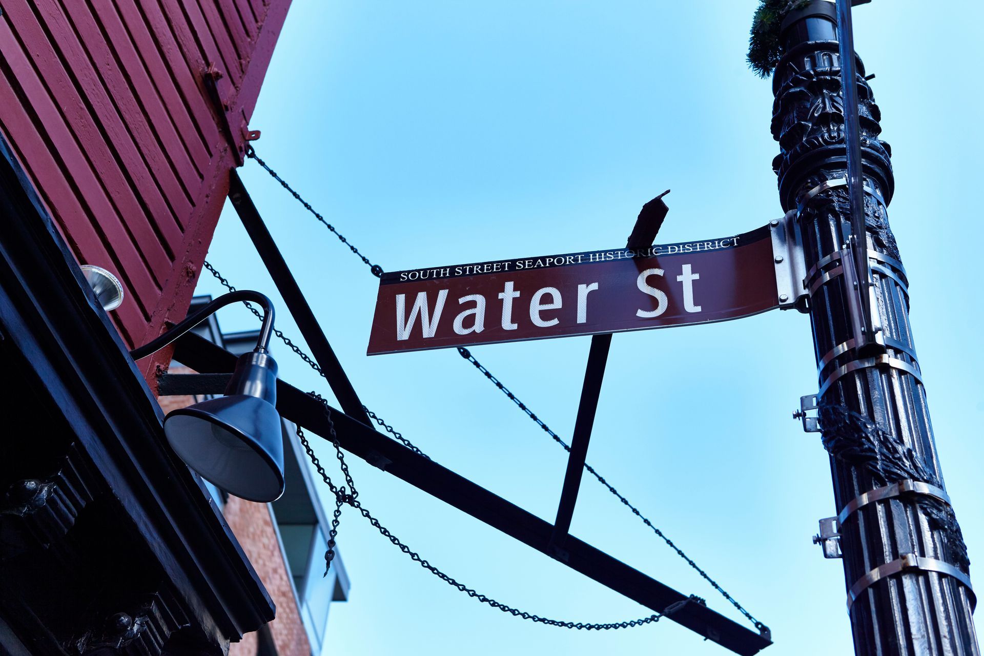 A street sign for water st hangs from a pole