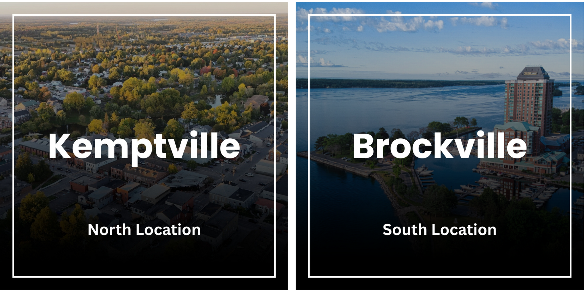 Kemptville (North) and Brockville (South) aerial views, labeled. lawn cutting st lawrence luxury lighting & landscaping