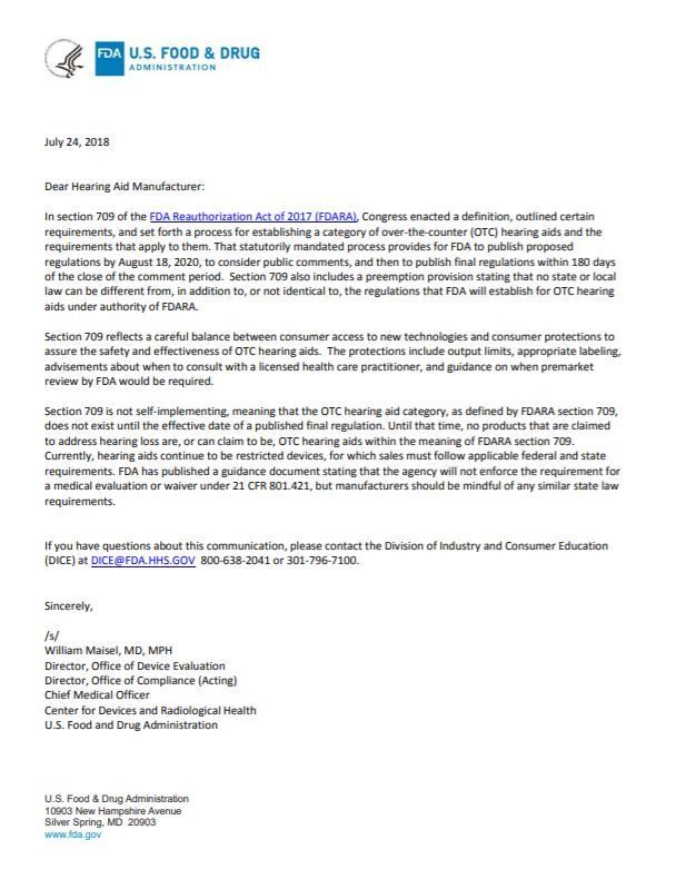 FDA letter regarding OTC hearing aids.