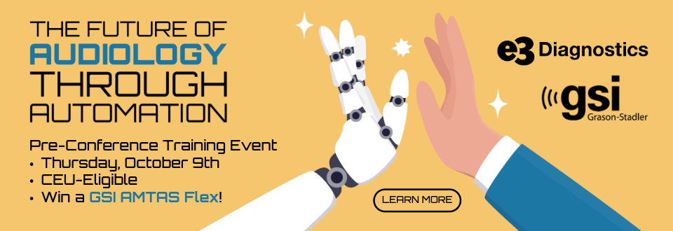 An advertisement for an audiology training event with a robotic hand bumping a human hand.