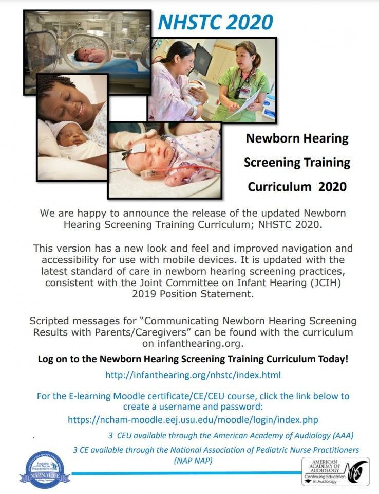 Poster for Newborn Hearing Screening Training Curriculum 2020, with images of babies and healthcare providers.