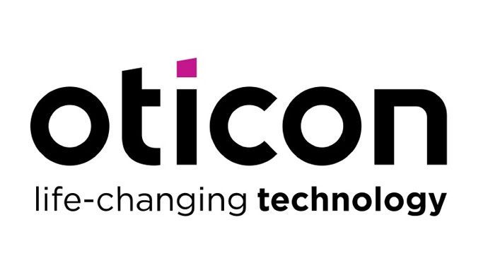 Oticon logo: black text with a purple dot above the 'i'; tagline 
