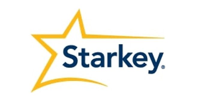 Logo of Starkey hearing aids, featuring a gold star and blue text.