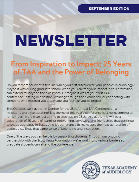 Newsletter for the Texas Academy of Audiology with blue, green, and white text. 