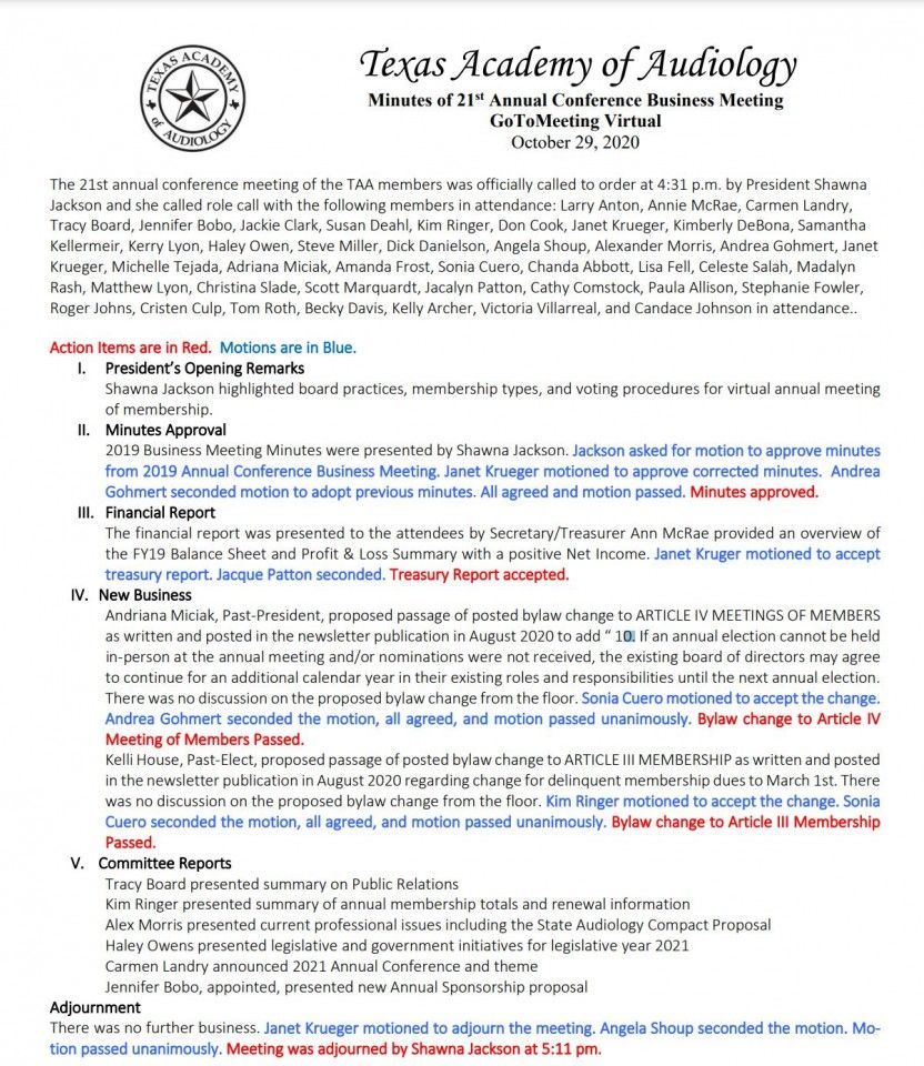Meeting minutes from Texas Academy of Audiology. Agenda includes reports, new business, and finance details.