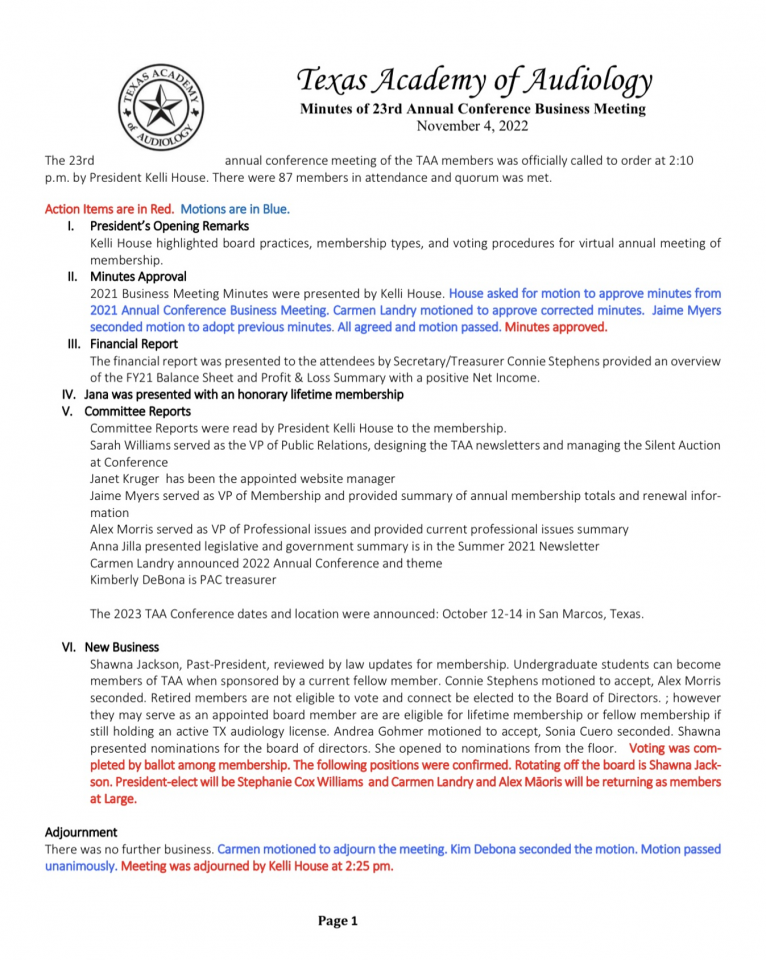 Texas Academy of Audiology meeting minutes on white paper. Text is black and blue. November 4, 2022.