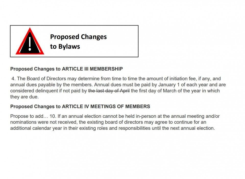 Proposed bylaws changes document with a warning triangle, including details on membership fees and meeting procedures.