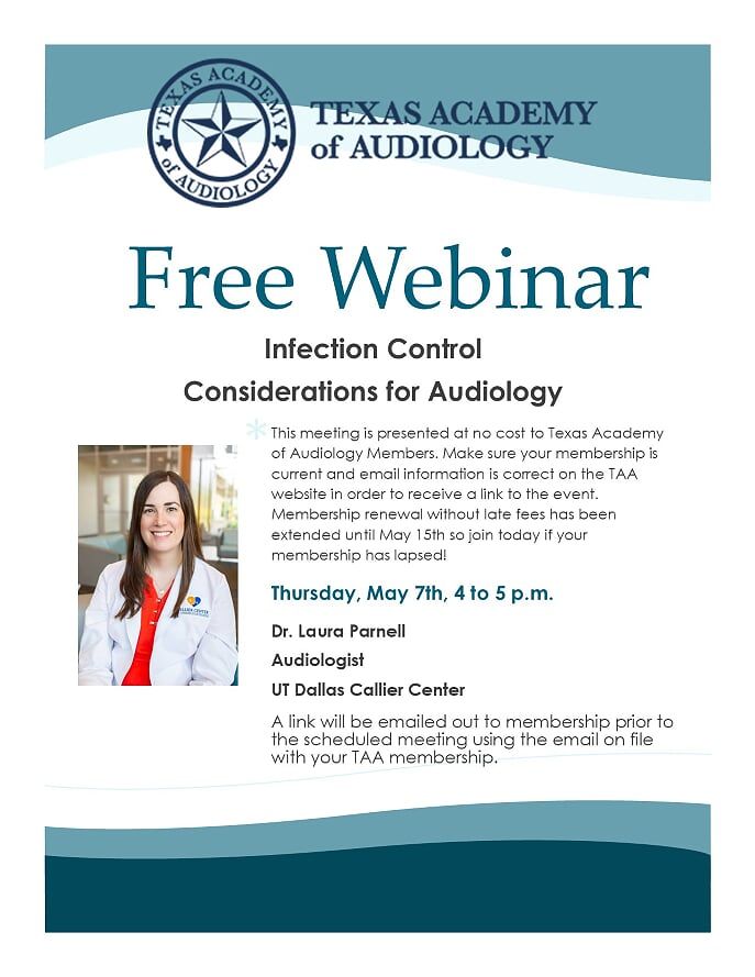 Free webinar on infection control for audiology, presented by Dr. Laura Powell on May 7th at 4 pm.