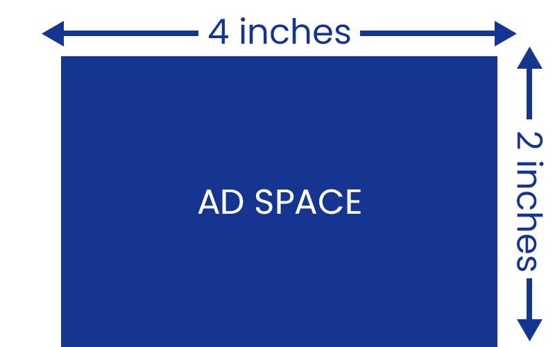 Blue rectangular ad space: 4 inches wide, 2 inches tall, labeled