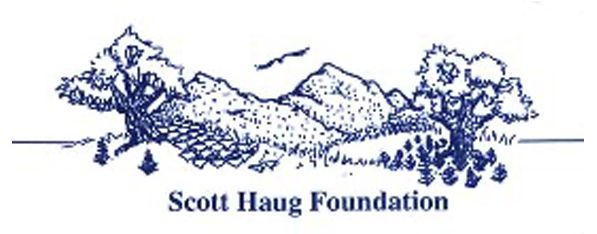 Logo for Scott Haug Foundation: Mountains, trees, and a bird in flight, blue and white, text below.