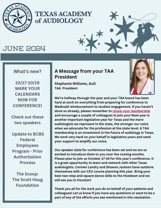 Newsletter from Texas Academy of Audiology with message from the president, highlighting the upcoming conference and other updates.