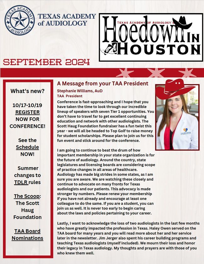Newsletter for the Texas Academy of Audiology's Hoedown in Houston conference, September 2024, featuring a message from the TAA President.