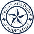 Texas Academy of Audiology logo: blue circle with white text and Texas star.