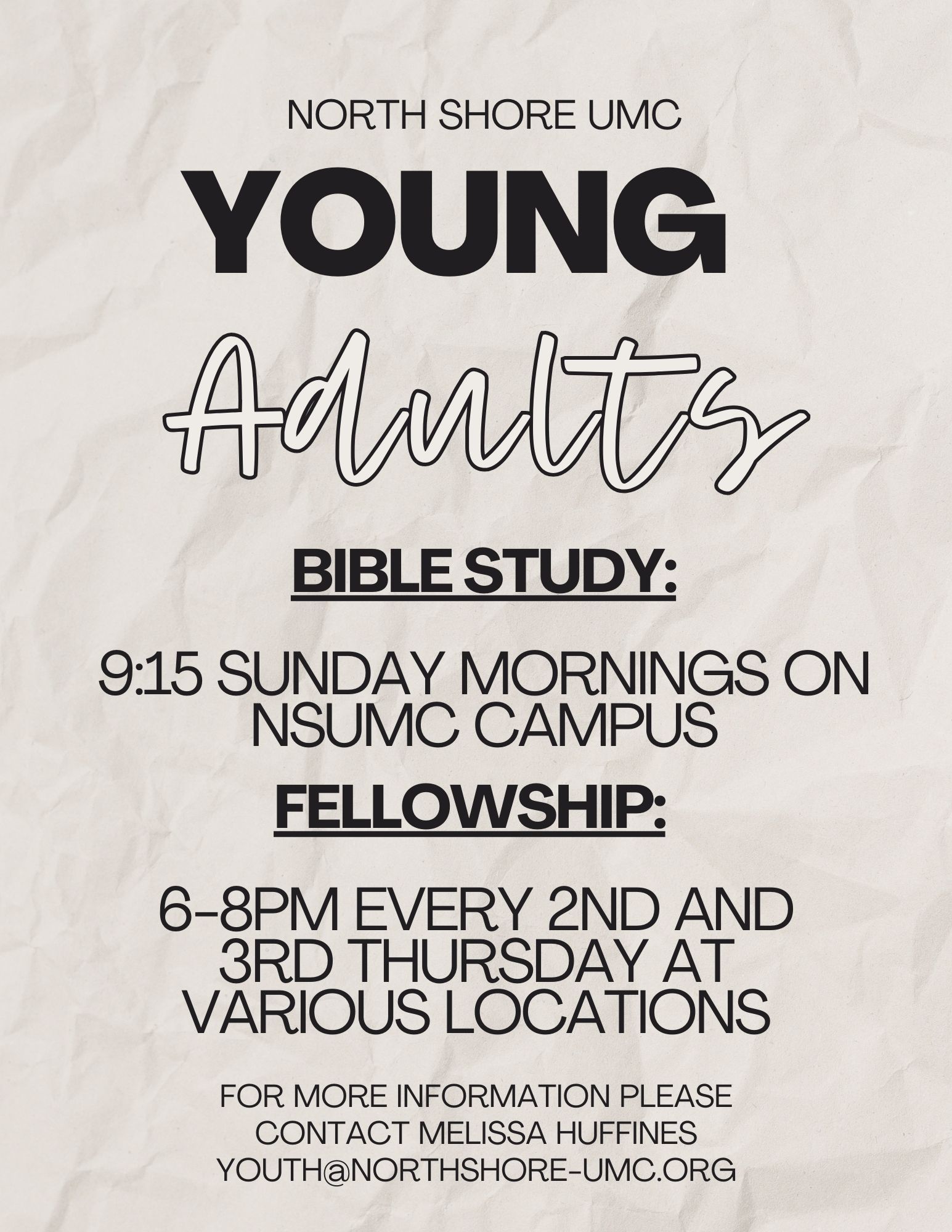 A poster for a young adult bible study at north shore umc