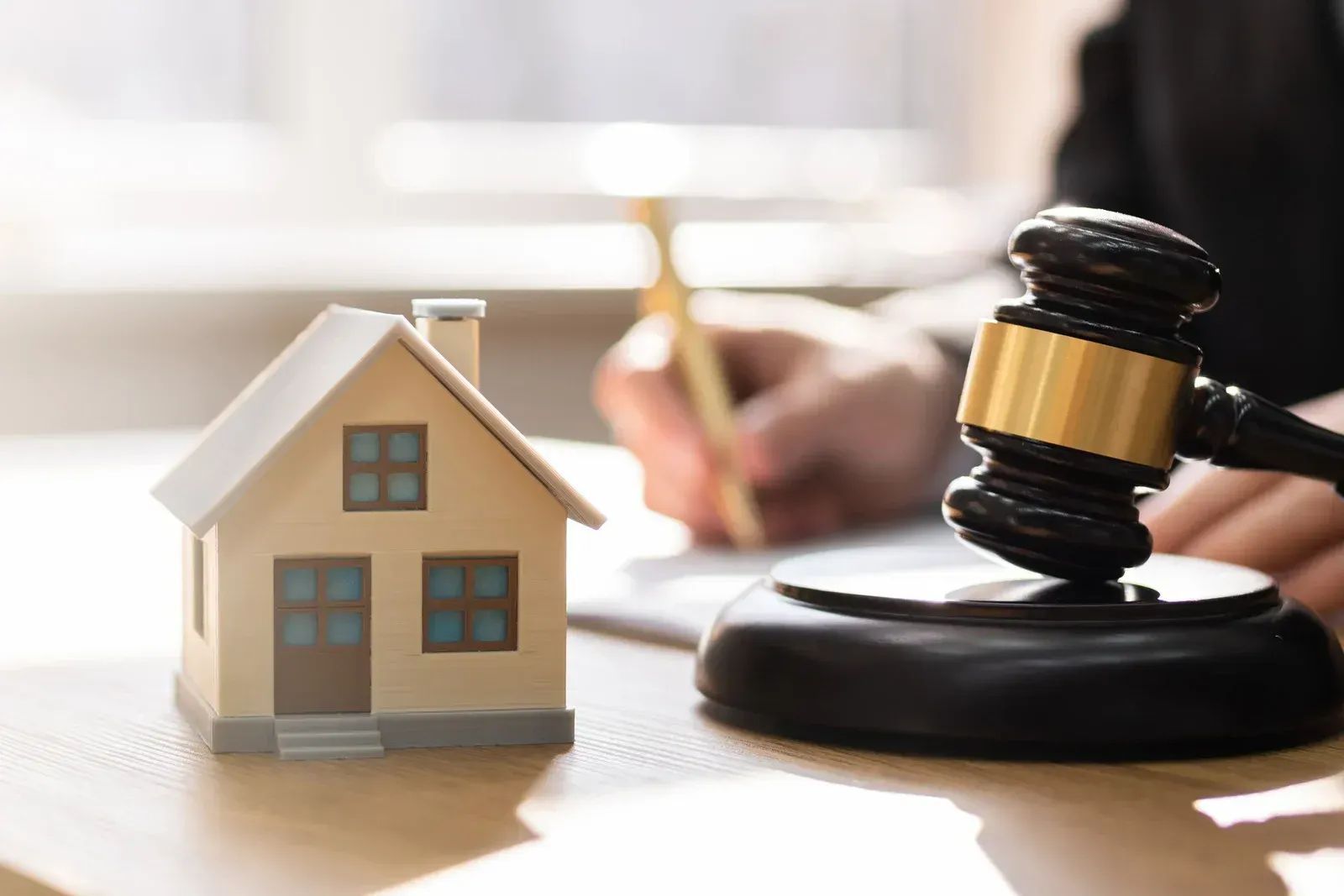 Miniature house next to a gavel on a desk; person writing in background.