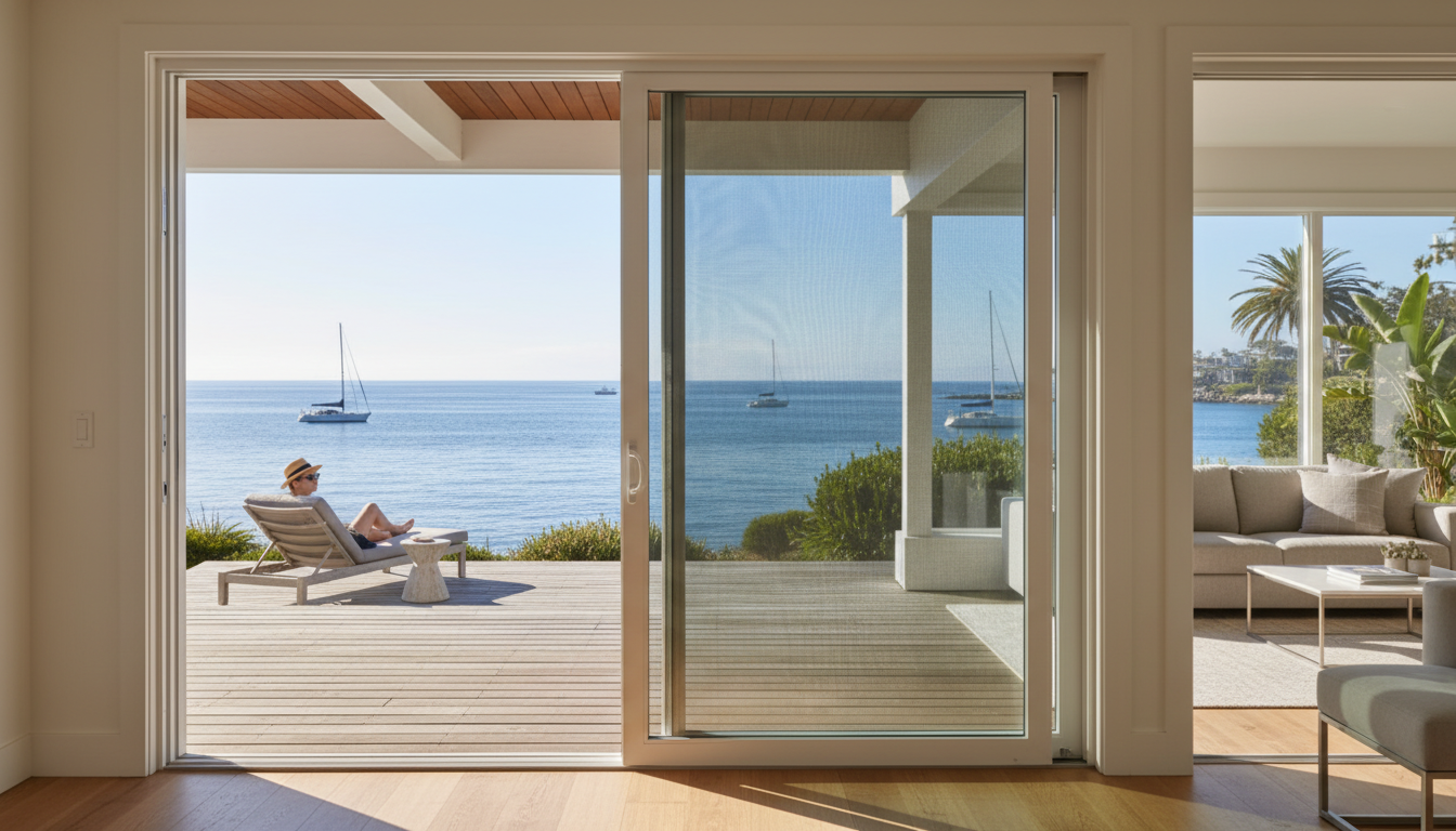 Sliding glass doors open to ocean view; person relaxes on deck chair. Interior view, sunny day.