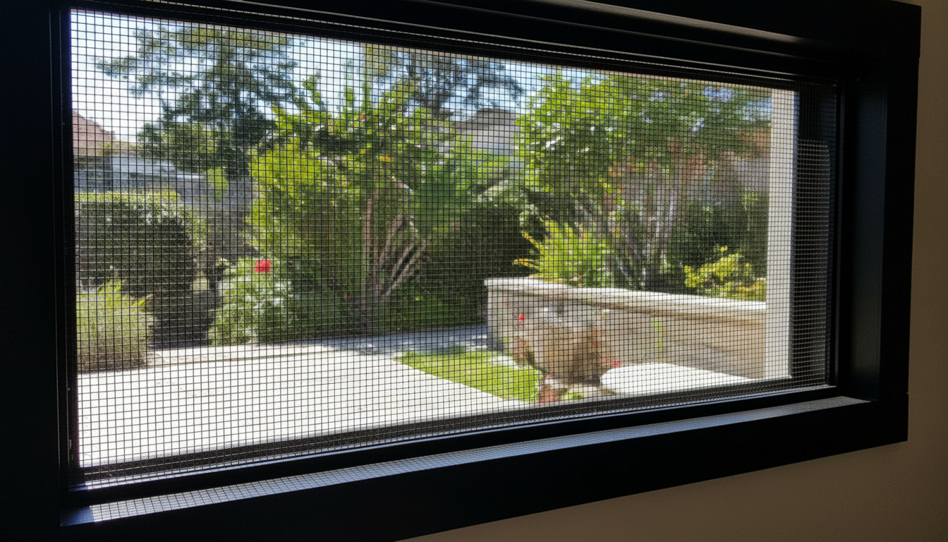 View of a backyard through a screen window with black frame. Brick patio, greenery, and stone wall visible.