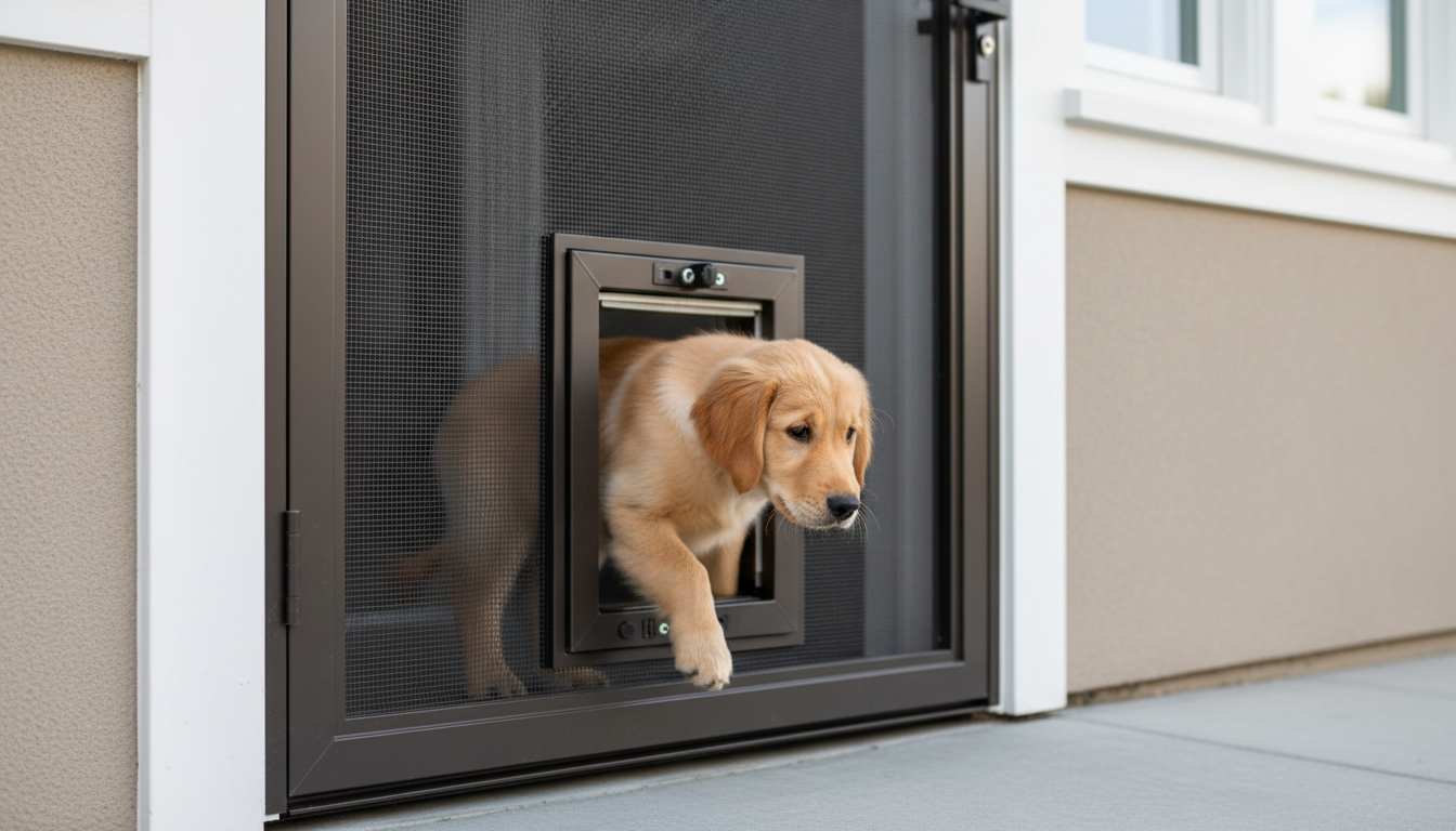 Golden retriever puppy exiting a pet door in a black screen door on a house exterior.