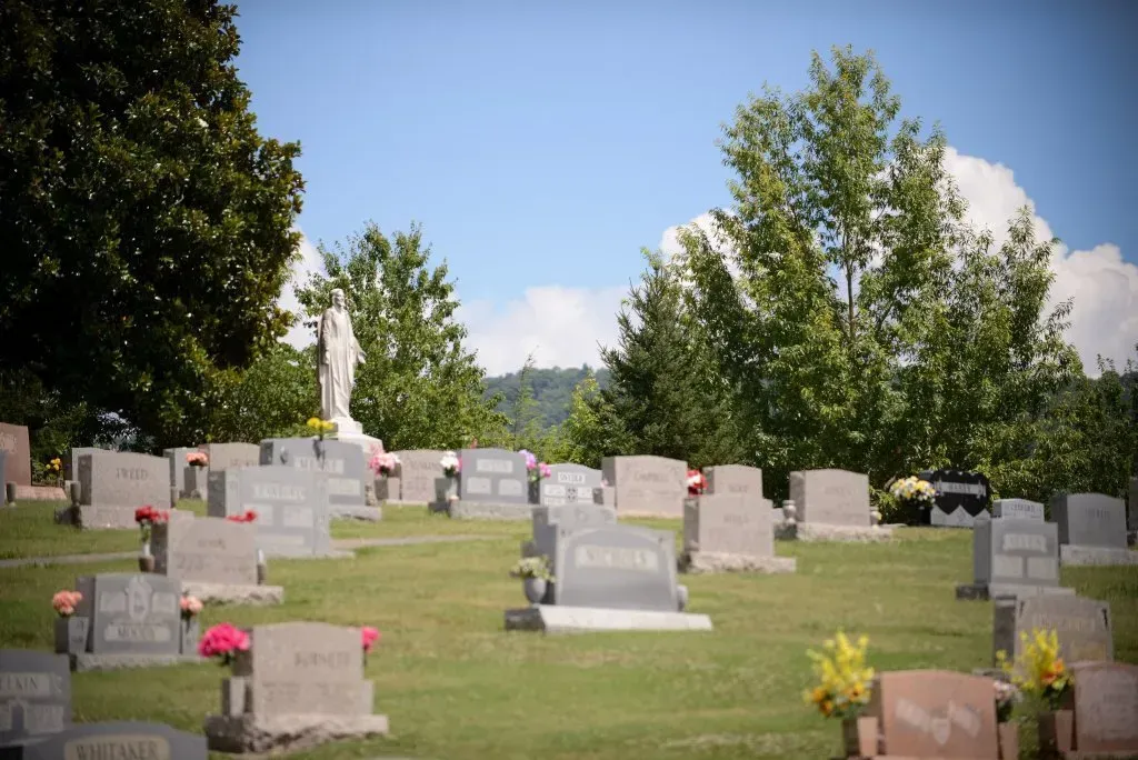 Cemetery with many headstones on a grassy hill, a statue in the distance, blue sky, trees.
