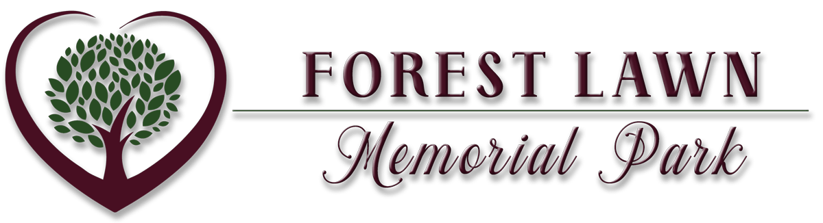 Logo: A heart-shaped frame around a tree with green leaves. Text reads "FOREST LAWN Memorial Park."