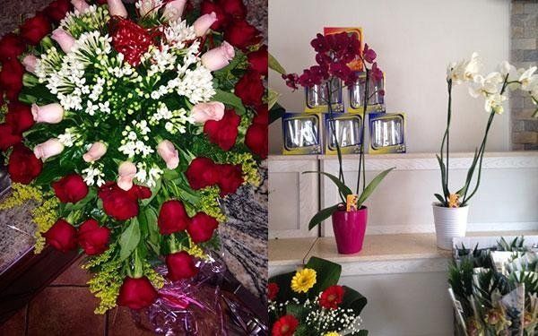corona di fiori con rose bianche e rosse e orchidee