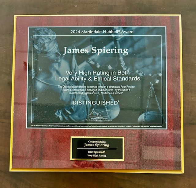 Award plaque for James Spiering, Martindale-Hubbell, 