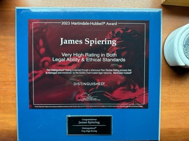 Plaque for James Spiering, 2013 Martindale-Hubbell Award,