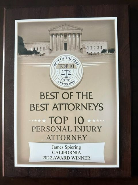 Plaque awarding James Spiering as a top 10 personal injury attorney in California, 2022.