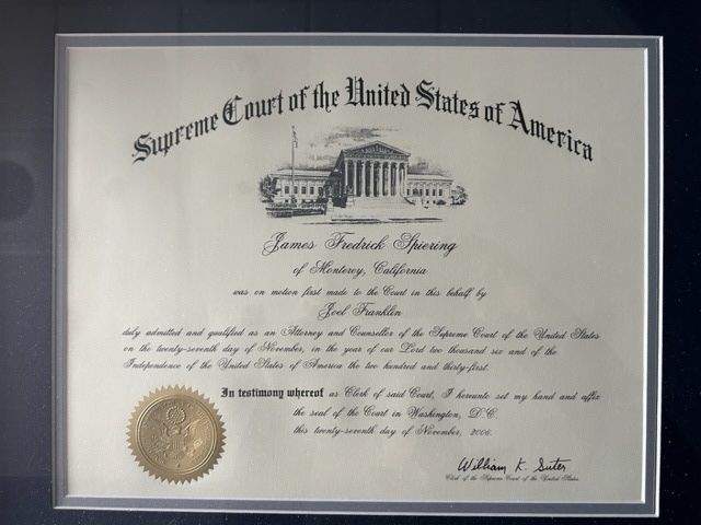 Supreme Court of the United States certificate, framed.