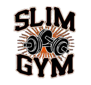 A logo for slim gym with a bunch of dumbbells