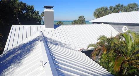 White metal rooftops with a chimney, overlooking palm trees and the ocean in the background