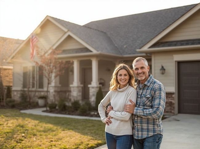 Couple standing in front of a suburban house, smiling with arms crossed in warm sunlight