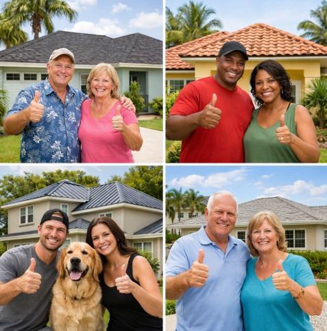 Four smiling couples with thumbs up in front of suburban homes and palm trees