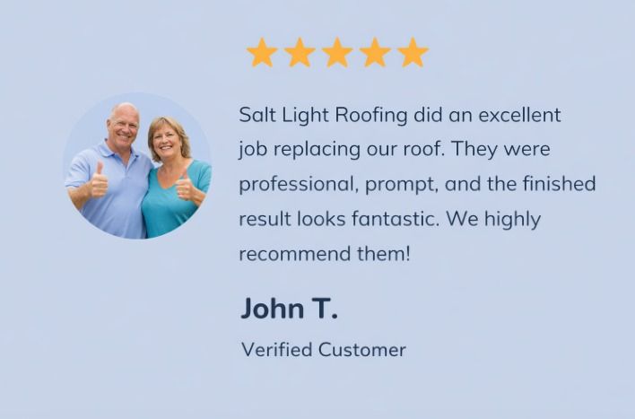 Salt Light Roofing customer review with five stars and a smiling photo on a light blue background