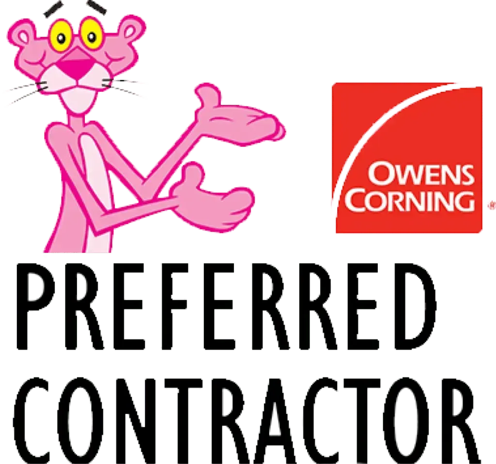 Pink Panther beside Owens Corning logo and the words “Preferred Contractor”