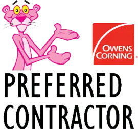 Pink Panther beside Owens Corning logo and “Preferred Contractor” text