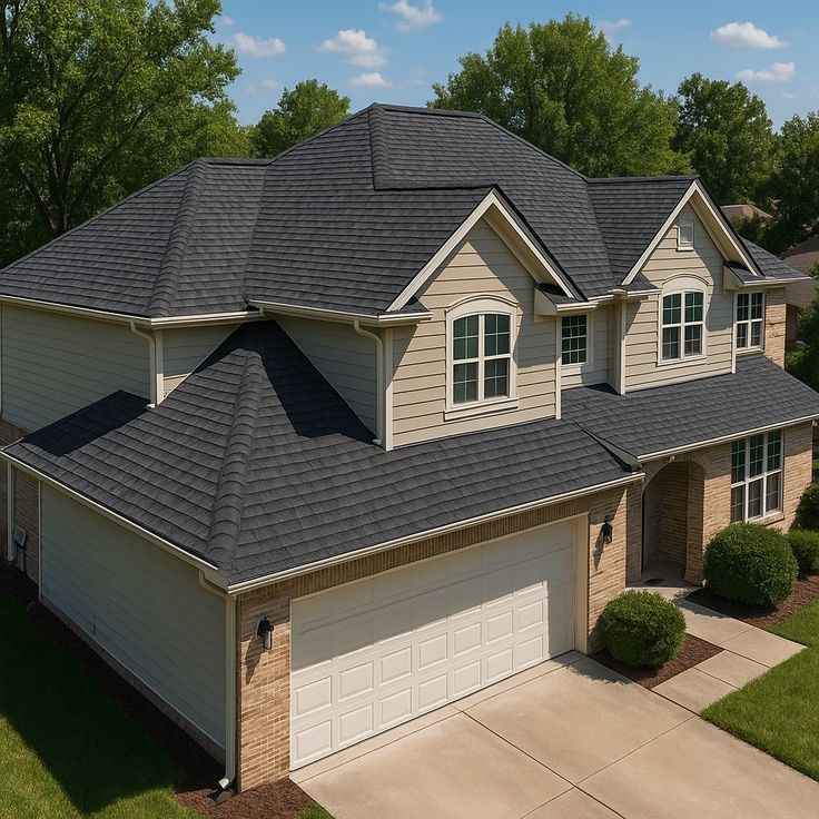 Two-story beige suburban house with dark gray roof, attached garage, and manicured lawn
