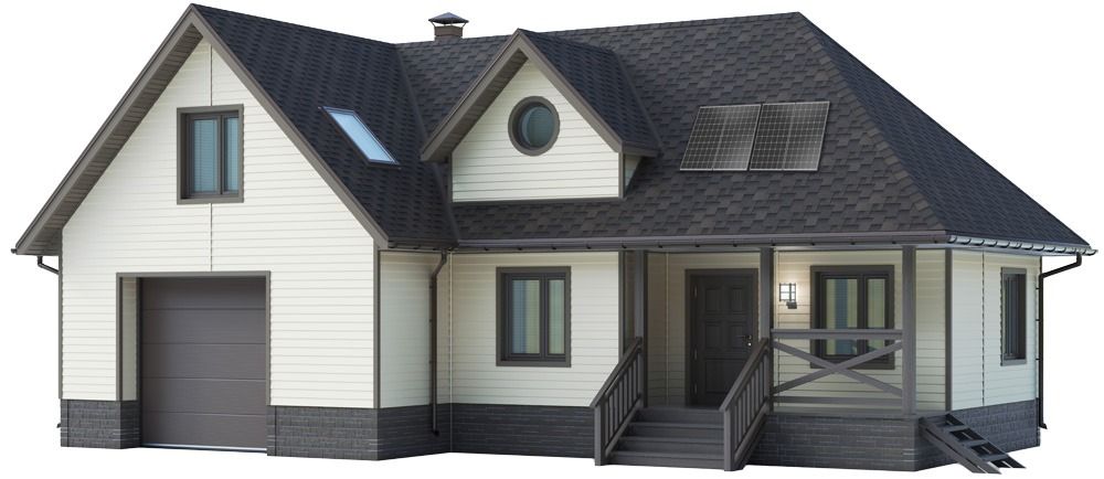 Modern gray-and-white house exterior with garage, porch, and dark shingled roof