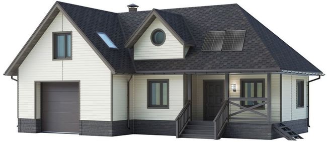 Modern gray suburban house with dark roof, garage, and front porch