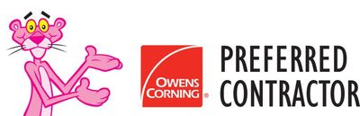 Pink panther mascot beside Owens Corning Preferred Contractor logo and text