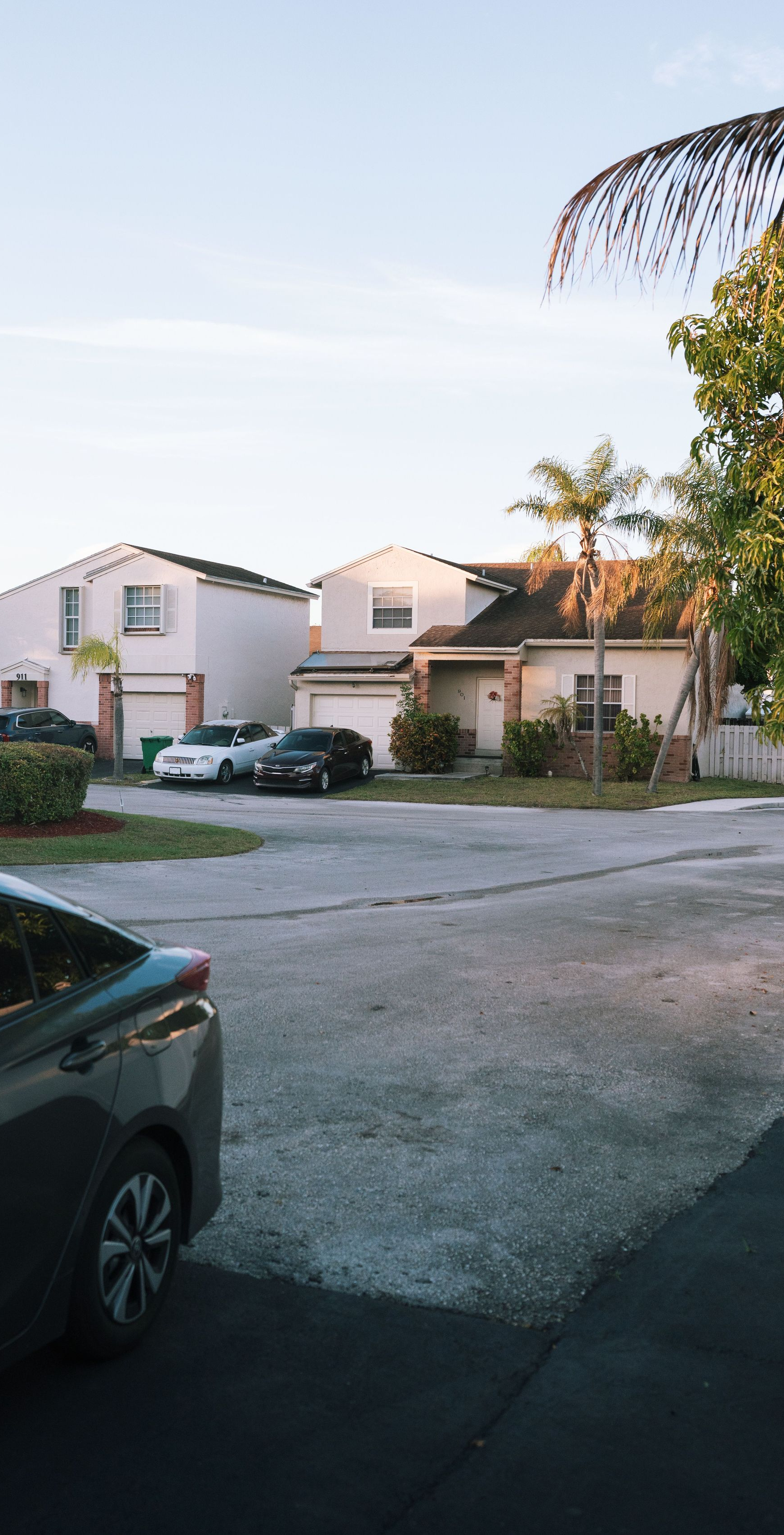 Suburban street at dusk with parked cars and two-story houses, palm tree visible in the foreground.