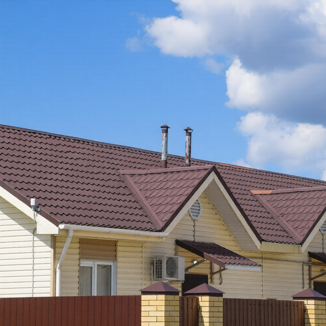 Yellow house with maroon roof and chimneys under a blue sky with clouds