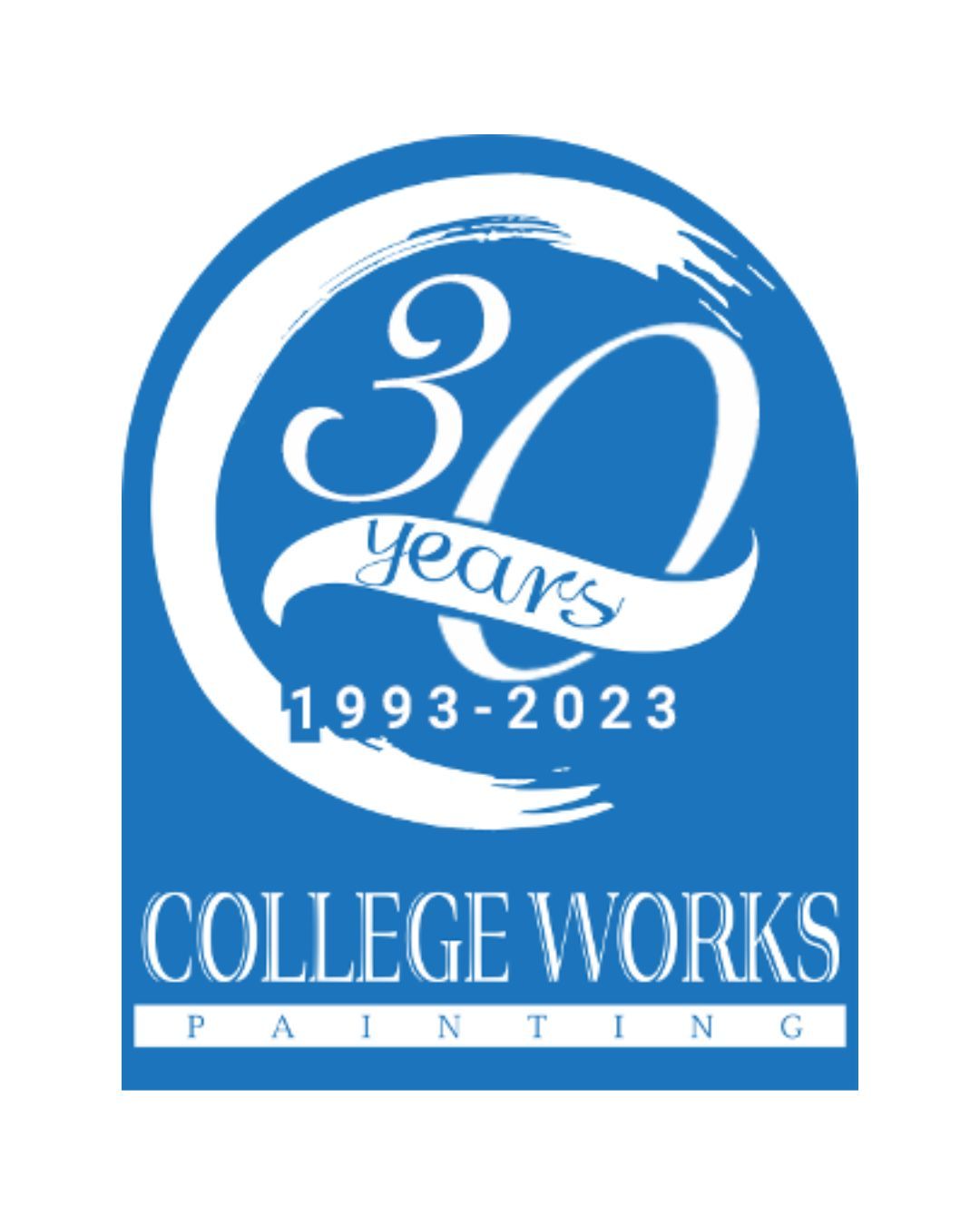 A blue and white logo for college works painting