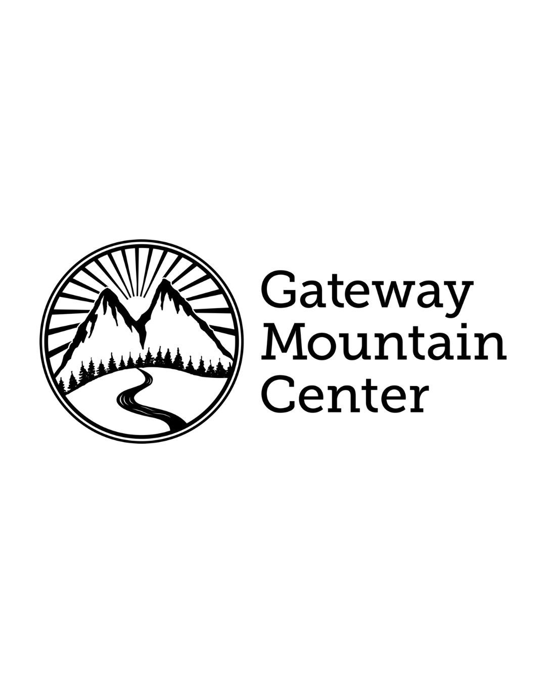The logo for the gateway mountain center shows a mountain and a river in a circle.