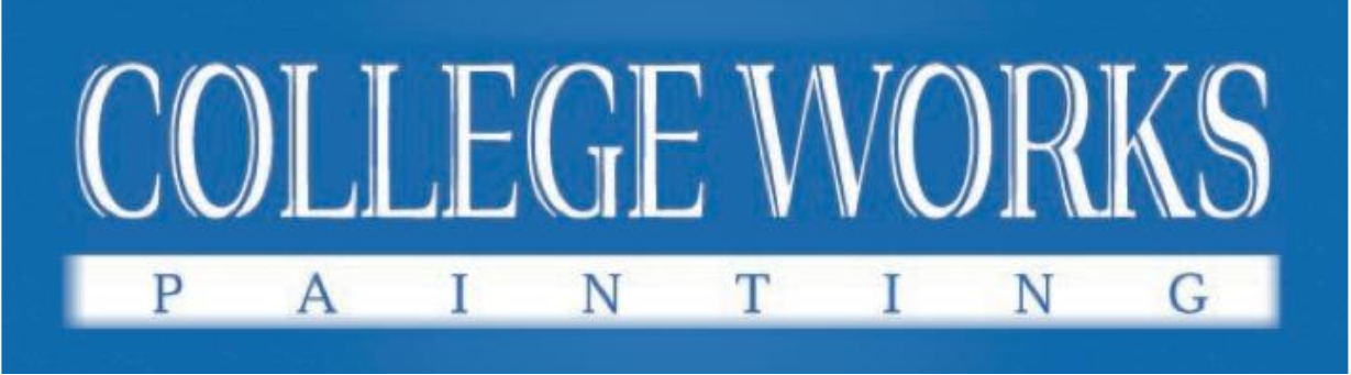 College Works Painting logo in white on a blue background with a thin white strip below