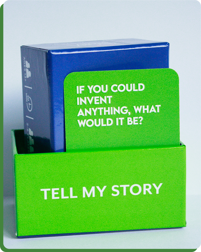 A green box that says tell my story on it