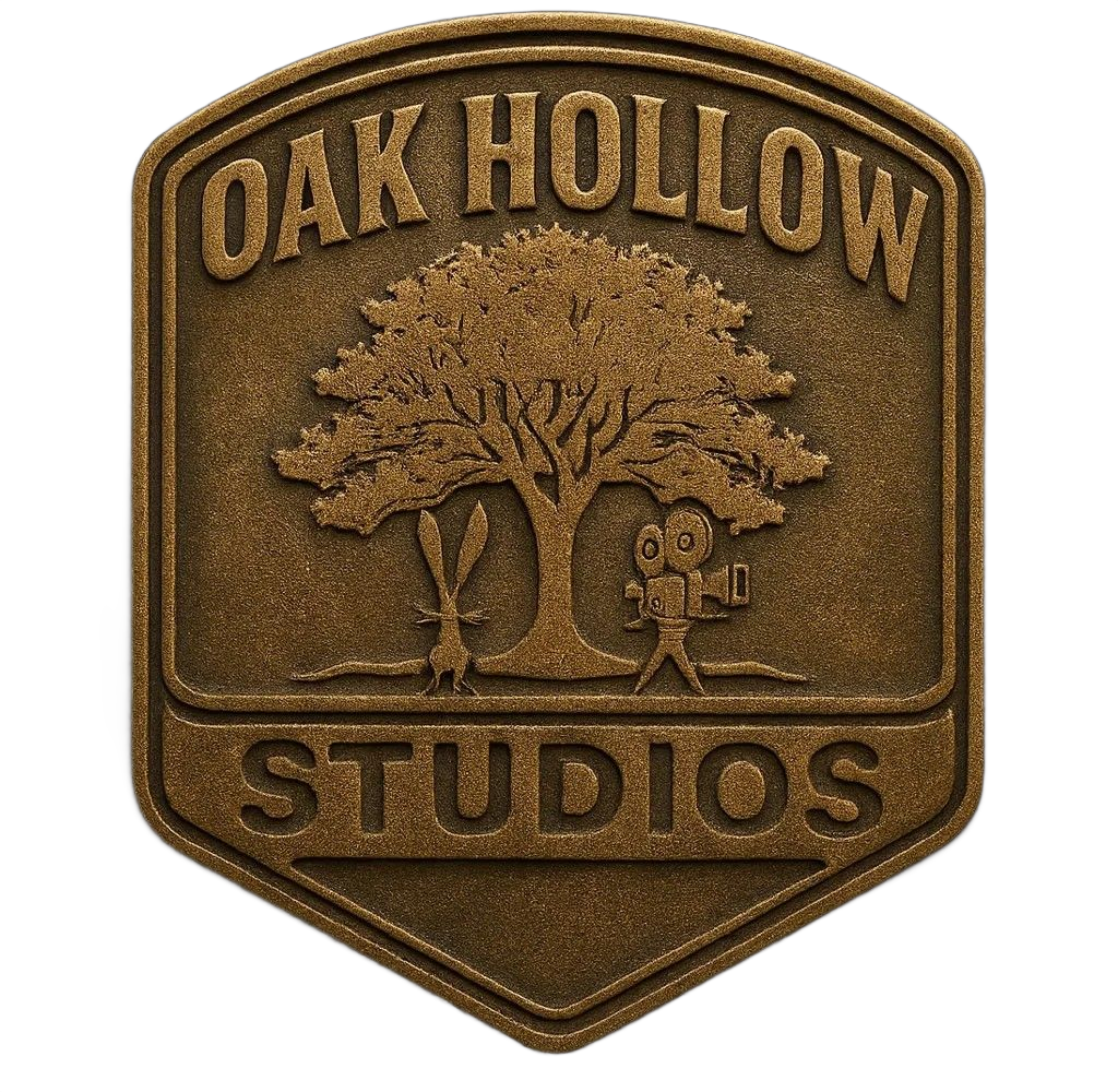 Oak Hollow Studios bronze shield logo with oak tree and children silhouette