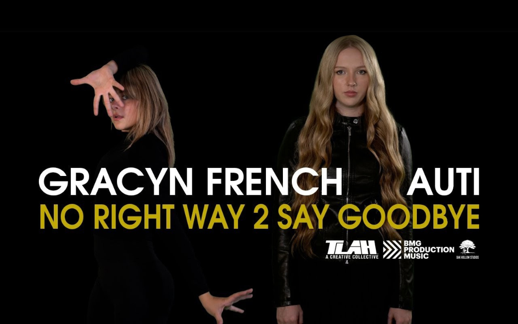 Two women are standing next to each other on a black background.