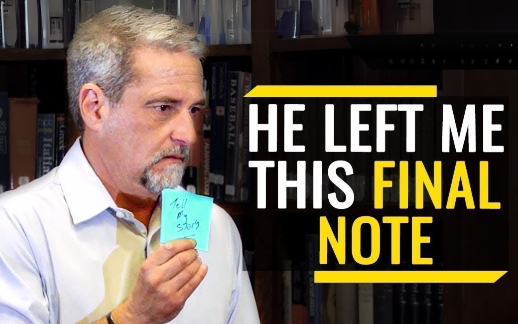 A man is holding a piece of paper that says `` he left me this final note ''.