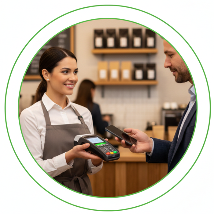A barista in a gray apron holds a card reader for a customer paying with a smartphone in a coffee shop.